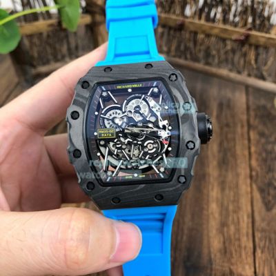 Swiss Quality Replica Richard Mille RM035-02 Skeleton Dial Carbon Watch Blue Strap 